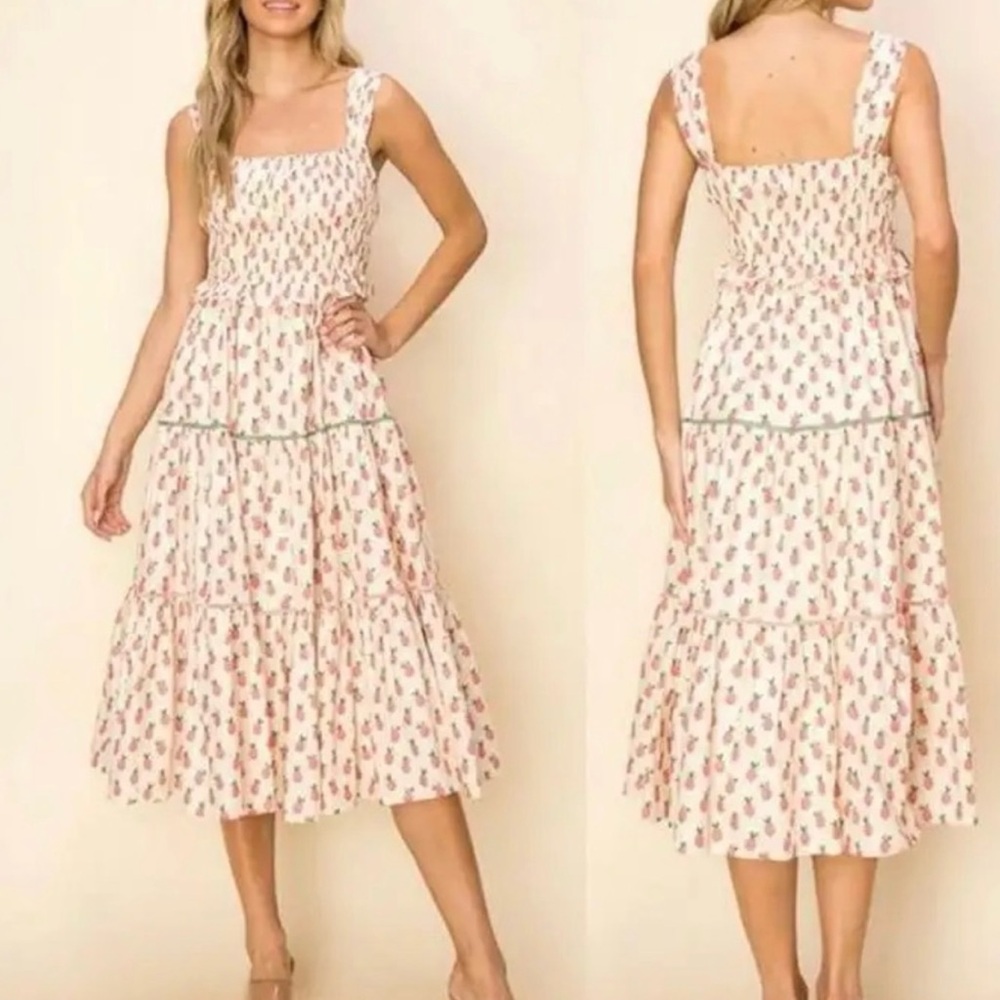INA AVARA Pineapple Print Smocked Tiered Sundress Girlhood Core Sweet Sundress